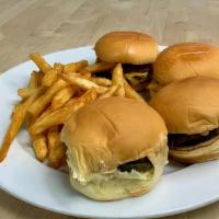 Mcghee Minis · Four mini cheeseburgers, pickles & sautéed onions; served on mini potato rolls with fries