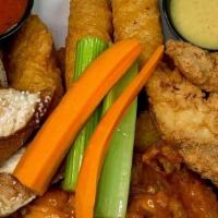 Bar Platter · Buffalo wings, chicken fingers, mozzarella sticks, German soft pretzels & tater tots