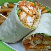 Buffalo Chicken Wrap · Fried chicken, buffalo sauce, lettuce, tomatoes & onions in a wrap; served with a side of bl...