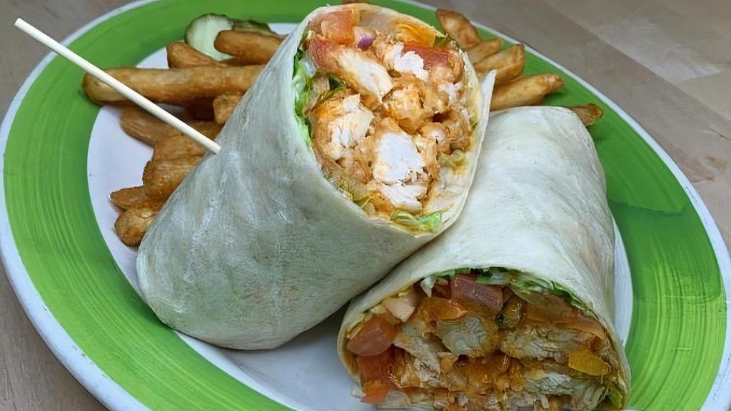 Buffalo Chicken Wrap · Fried chicken, buffalo sauce, lettuce, tomatoes & onions in a wrap; served with a side of bleu cheese