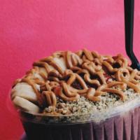 Peanut Butter Protein Acai Bowl · Vegetarian. Vegan. Acai Base:  Banana, vanilla protein & PB. 
Toppings: Granola, banana, hem...