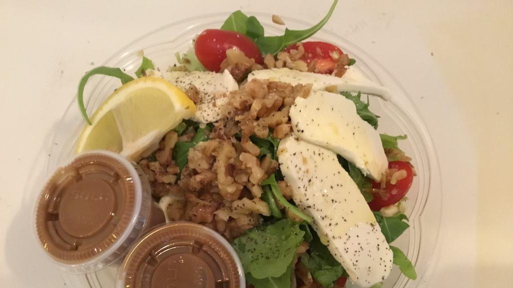 B Cup House Salad · Mixed greens, cherry tomato, mozzarella cheese and crushed walnuts. Served with balsamic dressing on the side and dressed with olive oil and salt and pepper.