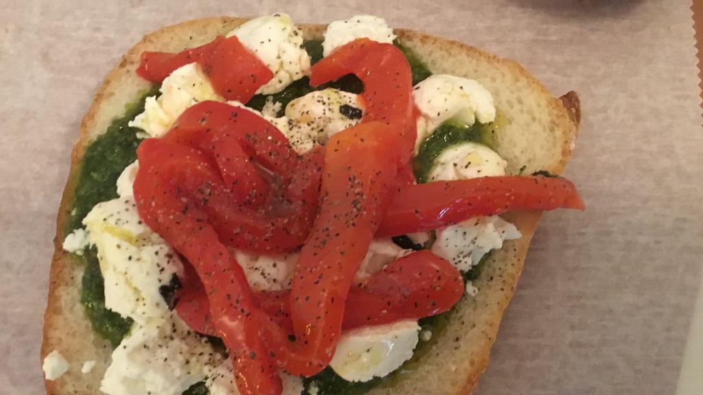 Goat Cheese Sandwich · Pesto and roasted peppers. Made to order and can be press toasted on your choice of bread. Vegetarian.