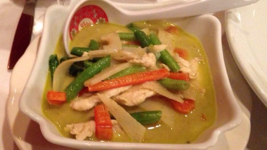 Kang Keow Whan · Spicy. Choice from above with string beans, bamboo shoots, and chili simmered in Thai green curry and coconut milk.
