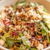 Pear & Avocado Salad · Mixed greens, bosc pear, radicchio, candied walnuts, blue cheese, and thyme apple cider vina...