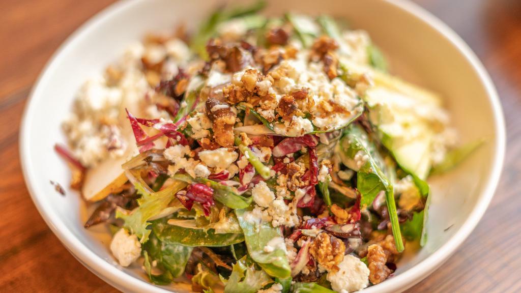 Pear & Avocado Salad · Mixed greens, bosc pear, radicchio, candied walnuts, blue cheese, and thyme apple cider vinaigrette.