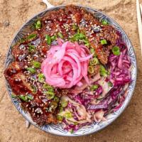 Chicken Katsu Bowl · Golden brown chicken cutlet fried with Japanese breadcrumbs over choice of base and salad wi...