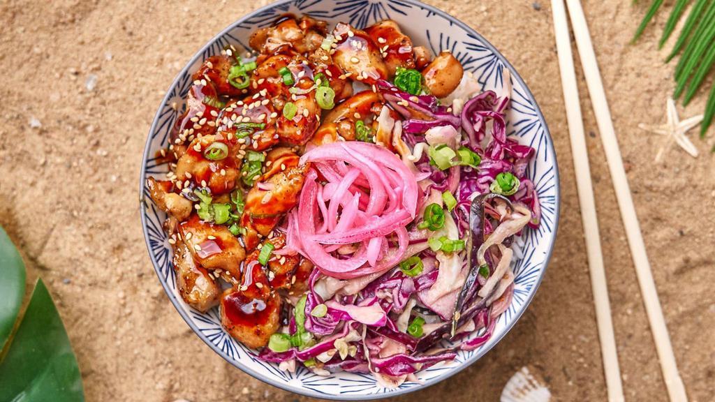 Hawaiian Grilled Chicken Bowl · Marinated teriyaki chicken over cucumbers, cabbage slaw, and your choice of base and salad.