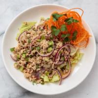 Chicken Larb Salad · Medium spicy. Minced chicken.  Lettuce, scallion, shallot, roasted rice powder in Thai spicy...