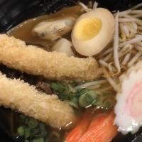 Seafood Ramen(海鲜拉面) · Steamed shrimp , scallop, mussel, fishcake, crab stick, egg, scallions, tree mushroom, seafo...