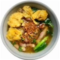 Char Siu Wonton Noodle Soup 叉烧云吞汤面 · Thin egg noodles, char siu, shrimp and pork wontons, choysum in chicken broth.