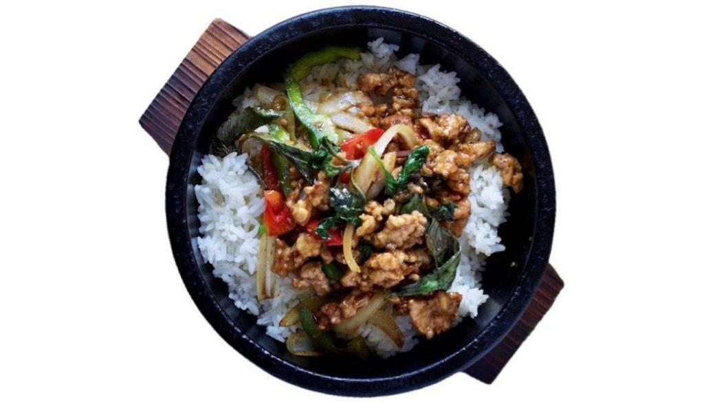 Wok Wok Basil Stone Rice Bowl 香叶石锅饭 · Spicy. Wok-fired with basil, garlic, onion, bell pepper and smoked chili.
