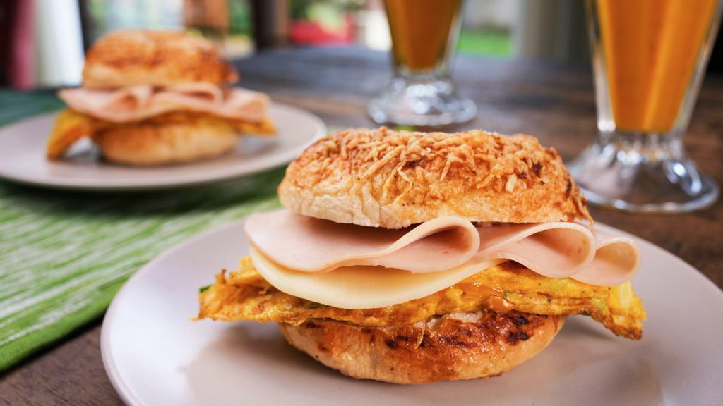 Ham & Cheese Omelette Sandwich · Delicious Breakfast sandwich topped with a cooked omelette, ham, and melted cheese. Served on customer's choice of bread.