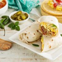Madison Wrap · Delicious Breakfast Wrap made with Eggs, bacon, cheddar, potatoes and salad. Served on custo...