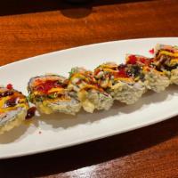 Monster Roll · Spicy tuna, avocado & tempura style. Topped with spicy mayo, eel sauce,masago, scallion and ...