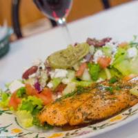 Low-Carb Grilled Salmon Entree · With citrus vinaigrette. Served with 2 small sides and warm bread. Gluten-free.