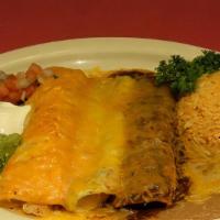 Enchiladas Tres Amigos · Three enchiladas ground beef, chicken and cheese, each topped with different sauce (red gree...
