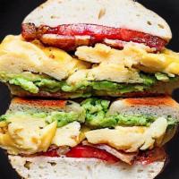 #6. Smoked Turkey Bacon & Egg On Bagel · With Cheddar cheese, avocado, tomato on bagel.