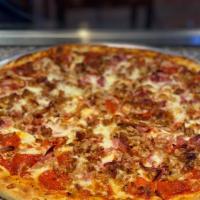 Meat Lovers · Pepperoni, sausage, ham, and bacon on a double crust.