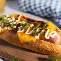 The Cheese Dog · Snappy, juicy, slightly garlicky all beef Nathan dog, smothered with gooey, melty cheese on ...