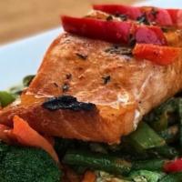 Salmon Curry · Hot. Grilled 8 Oz wild norwegian salmon steak with bell pepper and green bean with panang cu...