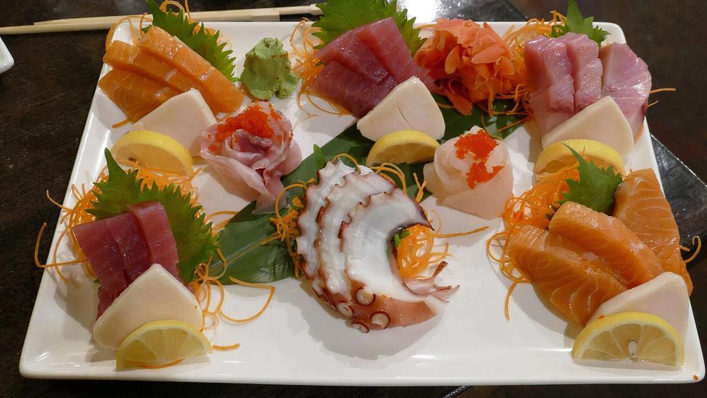 Sashimi For Two · It contains white tuna (escolar). It comes with rice. Twenty-eight pieces of assorted sashimi.