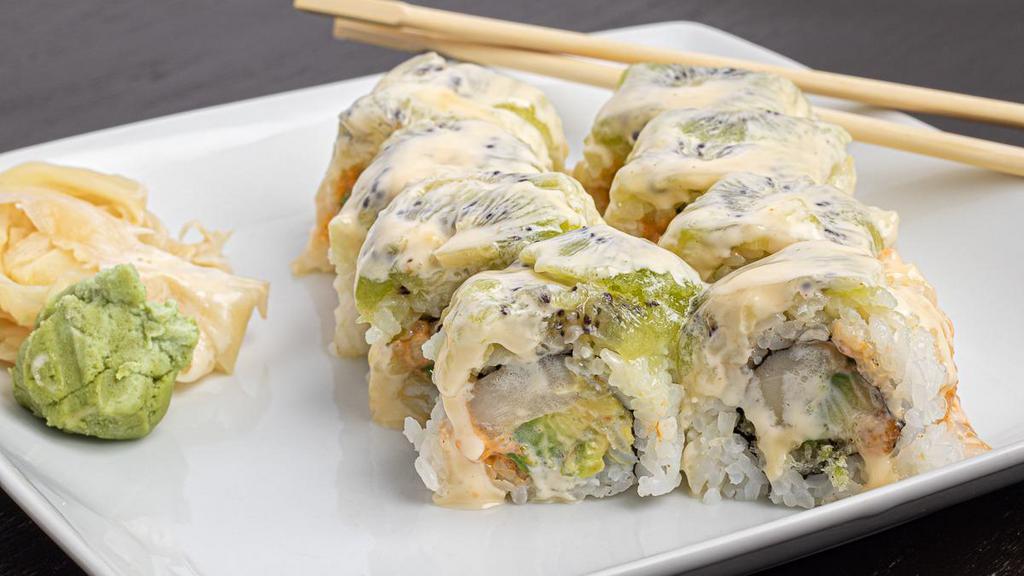 Samurai Roll · It contains white tuna (escolar). Spicy white tuna, crabmeat, avocado, crispies, topped with fresh kiwi and coconut sauce.