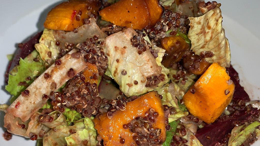 Quinoa-Kale Salad · Red Quinoa, Chopped Kale, Butternut Squash, Red Beets, Pumpkin Seeds, Balsamic Vinaigrette.