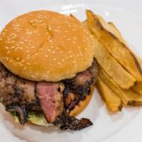 Oversized Pastrami Burger Deluxe (Aka: Dynamic Duo!) · Thick and juicy burger deluxe with a full eight ounces of ground chuck and served on a bun, ...
