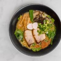 Miso, Shoyu, Shio, & Curry Base Ramen · Favorite. Two pieces charsiu, fish cake, spinach, and bamboo.