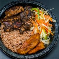 Jerk Chicken · Meals served with rice, cabbage and plantain.
