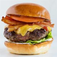 Perch Burger · red onion marmalade, bacon, bibb lettuce, tomato, cheddar, secret sauce, french fries