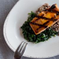 Grilled Salmon · toasted quinoa, sautéed spinach, miso honey glaze