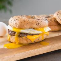Sausage, Egg & Cheese Bagel · Fresh cooked sausage on egg and cheese bagel sandwich.