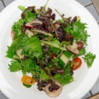 Barawine House Salad · Mesclun mix, tomatoes, onions, cucumber, radish, black olives, and balsamic vinaigrette.