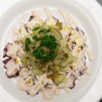 Octopus Carpaccio · Served with Potato Salad and Olive Aioli.