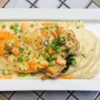 Roasted Chicken Breast · Chicken breast served with classic mashed potatoes, sauteed spinach, pan jus, diced carrot, ...