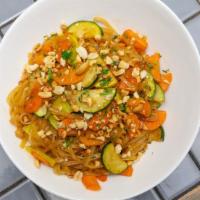 Vegan Thai Rice Noodle · Peanuts, carrots, tofu, broccoli, zucchini, yellow squash, sesame oil, soy sauce, and sweet ...