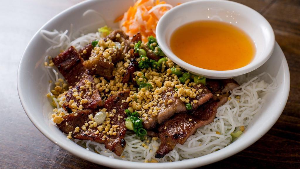 Grilled Pork Vermicelli Noodle · Grilled pork served on rice vermicelli w. shredded lettuce, cucumber, bean sprout, top with crush peanuts and orange sauce.