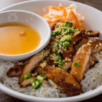 Grilled Chicken Vermicelli Noodle · Grilled chicken served on rice vermicelli with shredded lettuce, cucumber, bean sprout, top ...