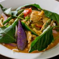 Thai Red Curry · Hot & spicy, veggie. Fresh pounded red chili paste, lemongrass, bamboo strips, eggplants, be...