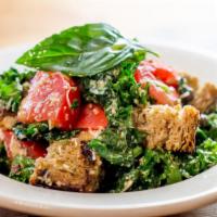 Black Kale Panzanella · Warm grilled country bread, ripe tomatoes, basil, garlic capers, extra virgin olive oil, and...