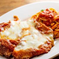 Chicken Cutlet Alla Parmigiana · With spaghetti.
