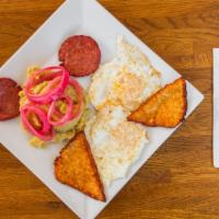 Dominican Breakfast · Mangu, salami, cheese, and egg any style with onion escabeche.