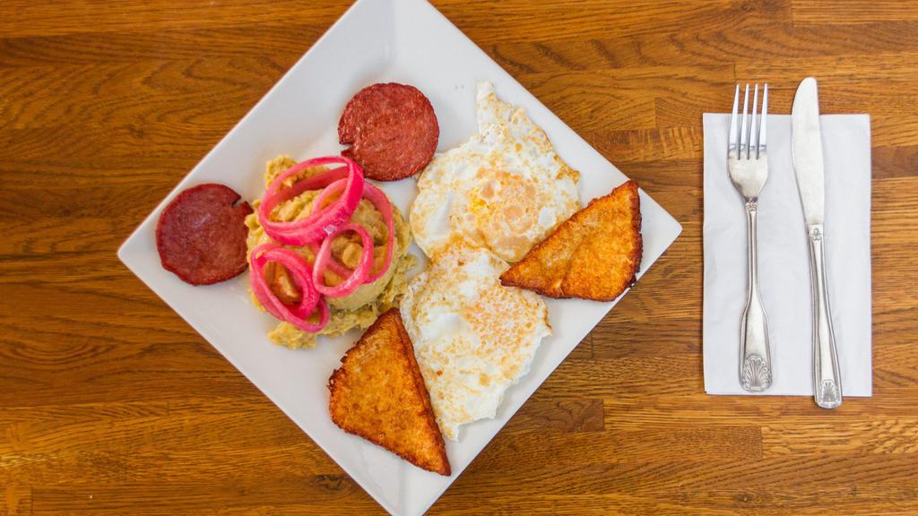 Dominican Breakfast · Mangu, salami, cheese, and egg any style with onion escabeche.