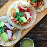 Tacos De Pollo Asado | Chicken · 3-pc soft tacos with grilled chicken, pico de gallo, avocado, aji sauce, side of spanish ric...