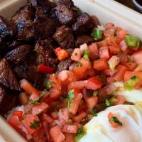 Tapsilog · Marinated sirloin beef, garlic rice, fried egg, pico de gallo, atchara sauce