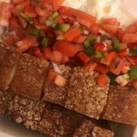 Lechonsilog · Crispy pork belly,  garlic rice, fried egg, pico de gallo, atchara sauce