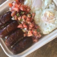 Longsilog · Spanish pork sausage,  garlic rice, fried egg, pico de gallo, atchara sauce