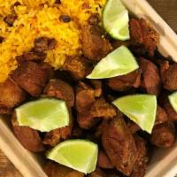 Chicharron Pork Platter · centroamerica-style crispy pork on rice platter